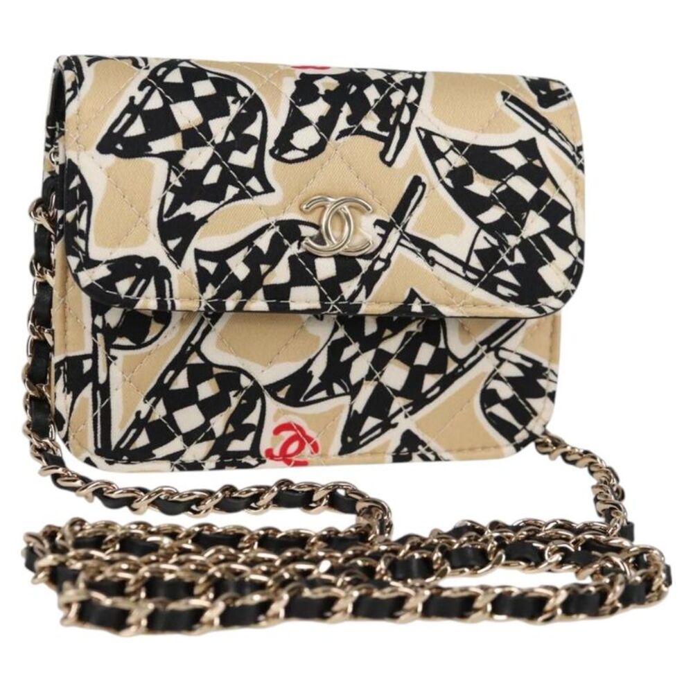 Chanel Flap Card Holder On Chain Quilted Printed Canvas Beige Nylon Shoulder Bag